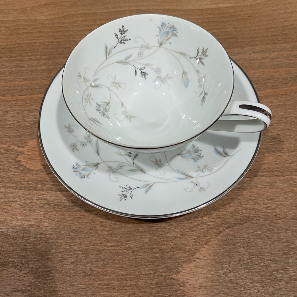Noritake White and Silver Floral Teacup and Saucer